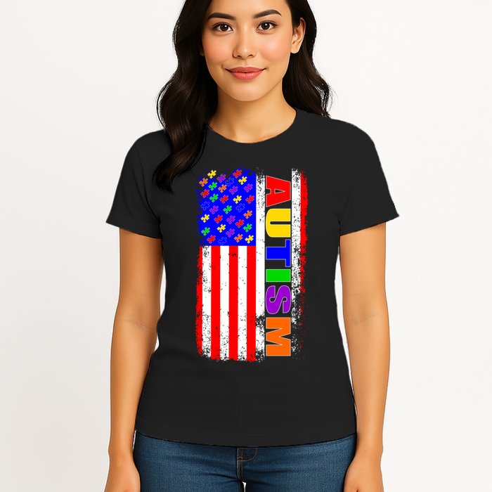 Autism Awareness USA Puzzle Rainbow Flag Womens T-Shirt