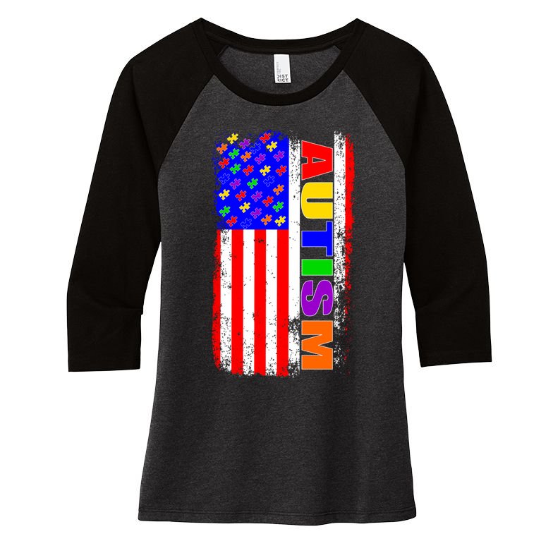 Autism Awareness USA Puzzle Rainbow Flag Women's Tri-Blend 3/4-Sleeve Raglan Shirt