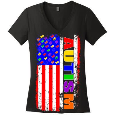 Autism Awareness USA Puzzle Rainbow Flag Women's V-Neck T-Shirt