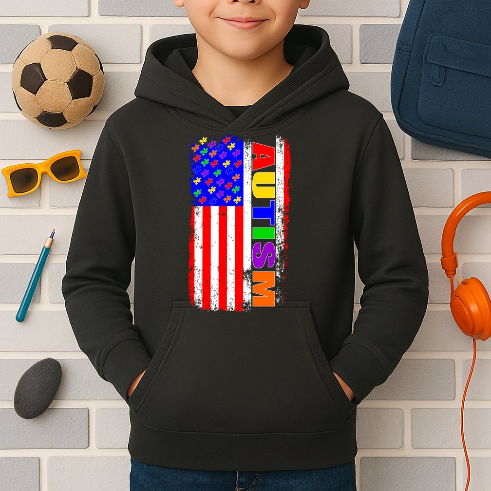 Autism Awareness USA Puzzle Rainbow Flag Kids Hoodie