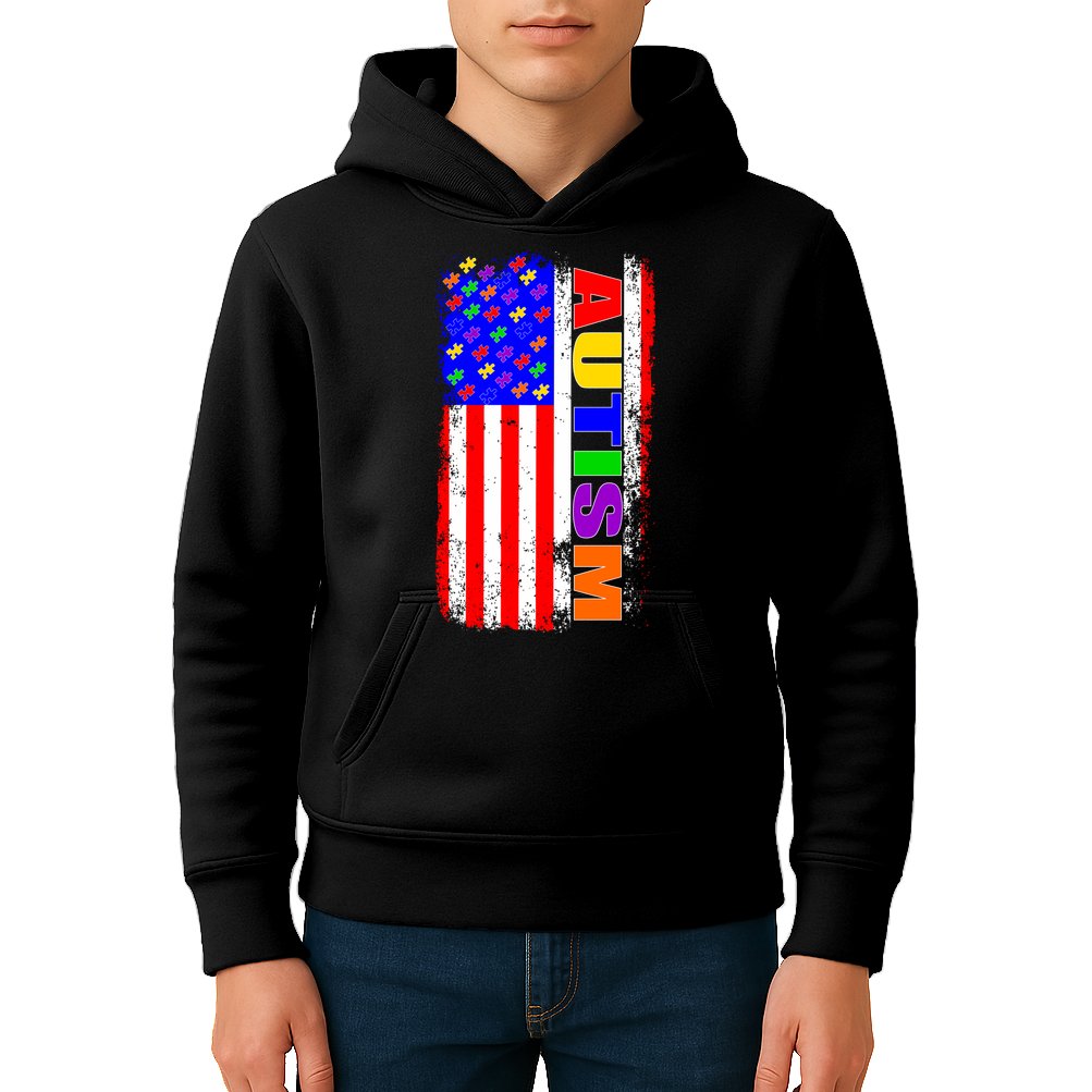 Autism Awareness USA Puzzle Rainbow Flag Kids Hoodie