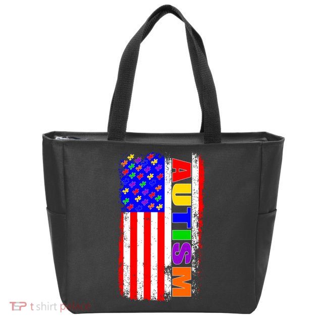 Autism Awareness USA Puzzle Rainbow Flag Zip Tote Bag