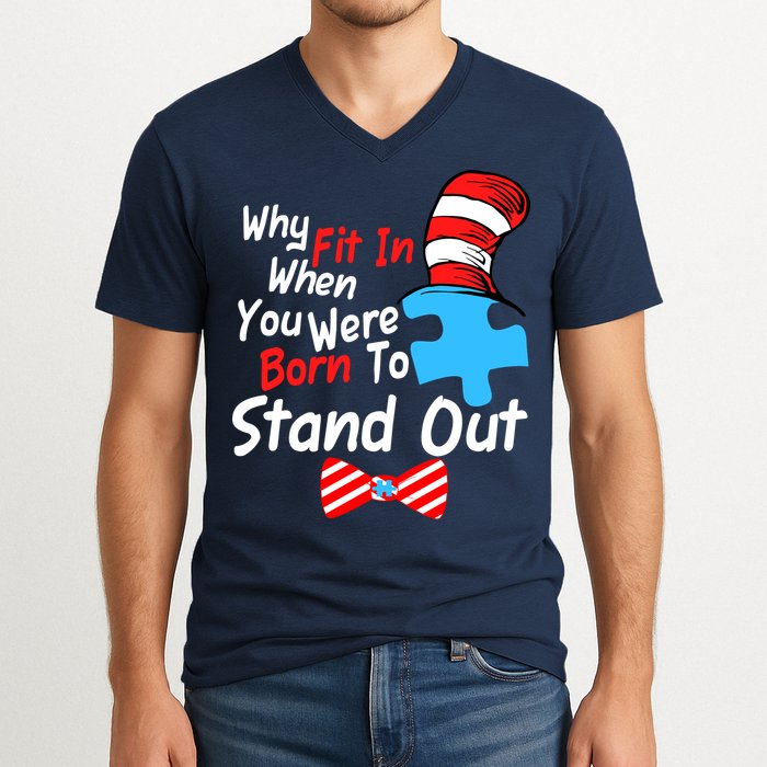 Autism Awareness Why Fit In When You Were Born To Stand Out Puzzle V-Neck T-Shirt