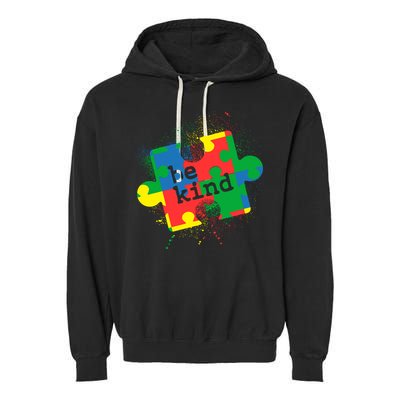 Autism Be Kind Puzzle Piece Splatter Garment-Dyed Fleece Hoodie