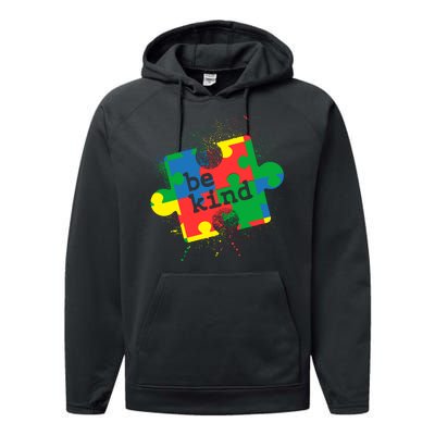 Autism Be Kind Puzzle Piece Splatter Performance Fleece Hoodie