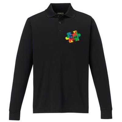 Autism Be Kind Puzzle Piece Splatter Performance Long Sleeve Polo