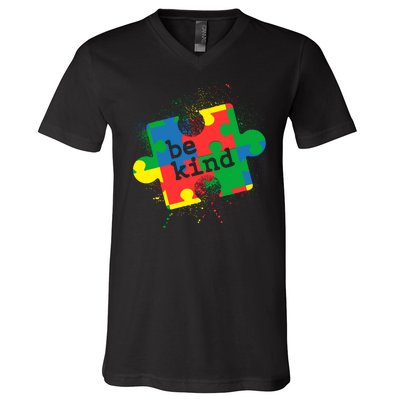 Autism Be Kind Puzzle Piece Splatter V-Neck T-Shirt