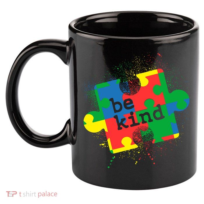 Autism Be Kind Puzzle Piece Splatter 11oz C Handle Ceramic Mug