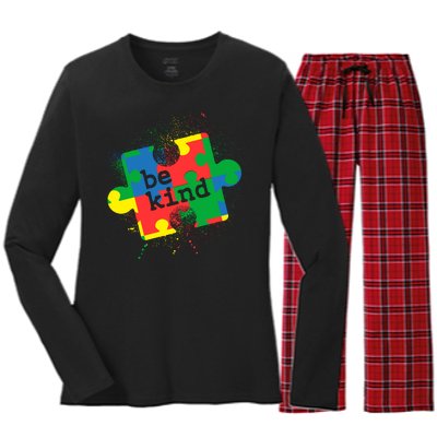 Autism Be Kind Puzzle Piece Splatter Women's Long Sleeve Flannel Pajama Set 