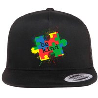 Autism Be Kind Puzzle Piece Splatter Flat Bill Trucker Hat