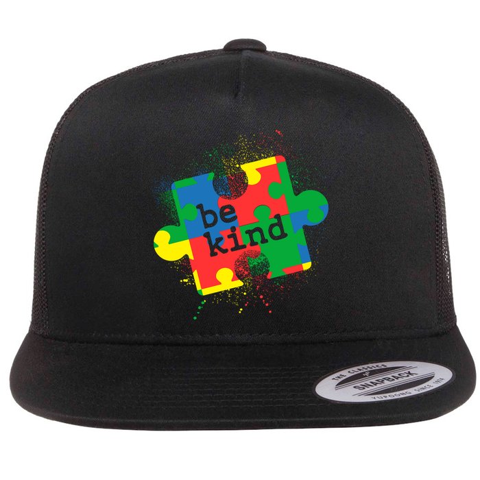 Autism Be Kind Puzzle Piece Splatter Flat Bill Trucker Hat