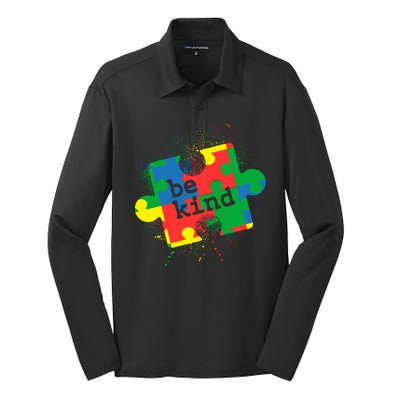 Autism Be Kind Puzzle Piece Splatter Silk Touch Performance Long Sleeve Polo