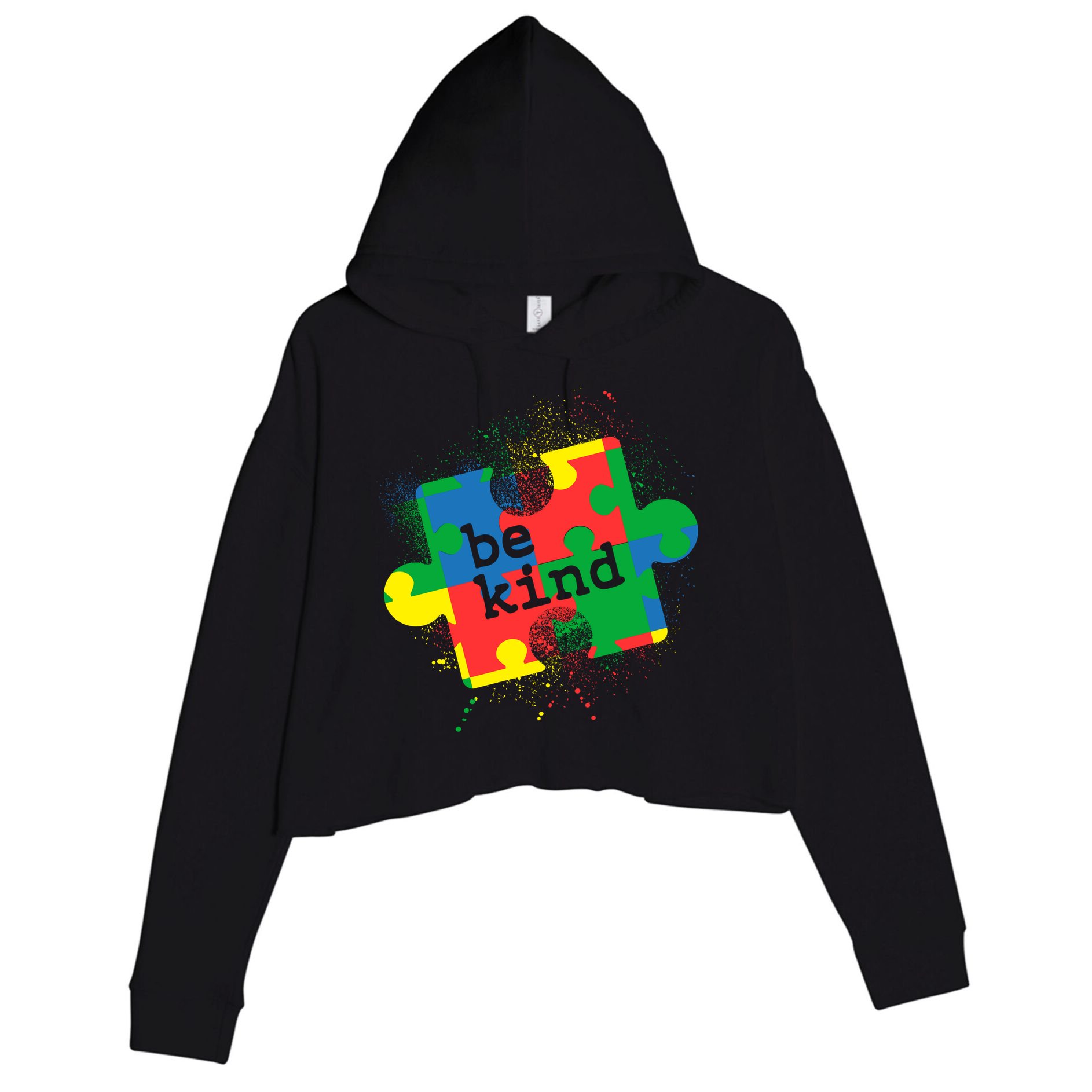 Autism Be Kind Puzzle Piece Splatter Crop Fleece Hoodie