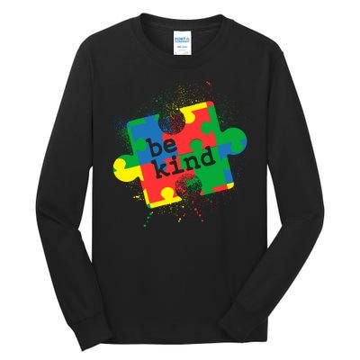 Autism Be Kind Puzzle Piece Splatter Tall Long Sleeve T-Shirt