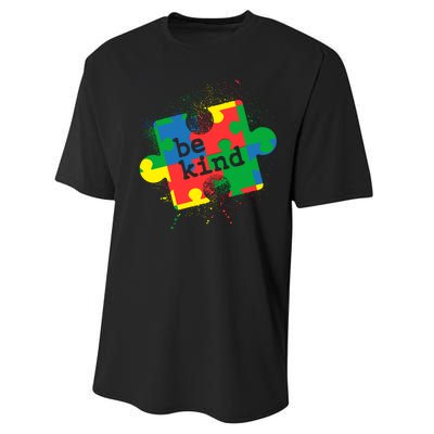 Autism Be Kind Puzzle Piece Splatter Performance Sprint T-Shirt