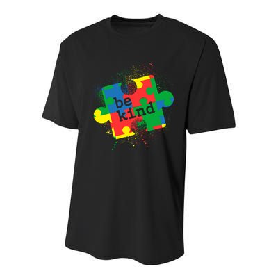 Autism Be Kind Puzzle Piece Splatter Youth Performance Sprint T-Shirt
