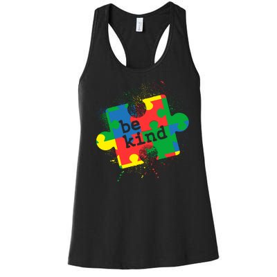 Autism Be Kind Puzzle Piece Splatter Women's Racerback Tank