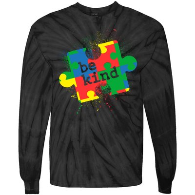 Autism Be Kind Puzzle Piece Splatter Tie-Dye Long Sleeve Shirt