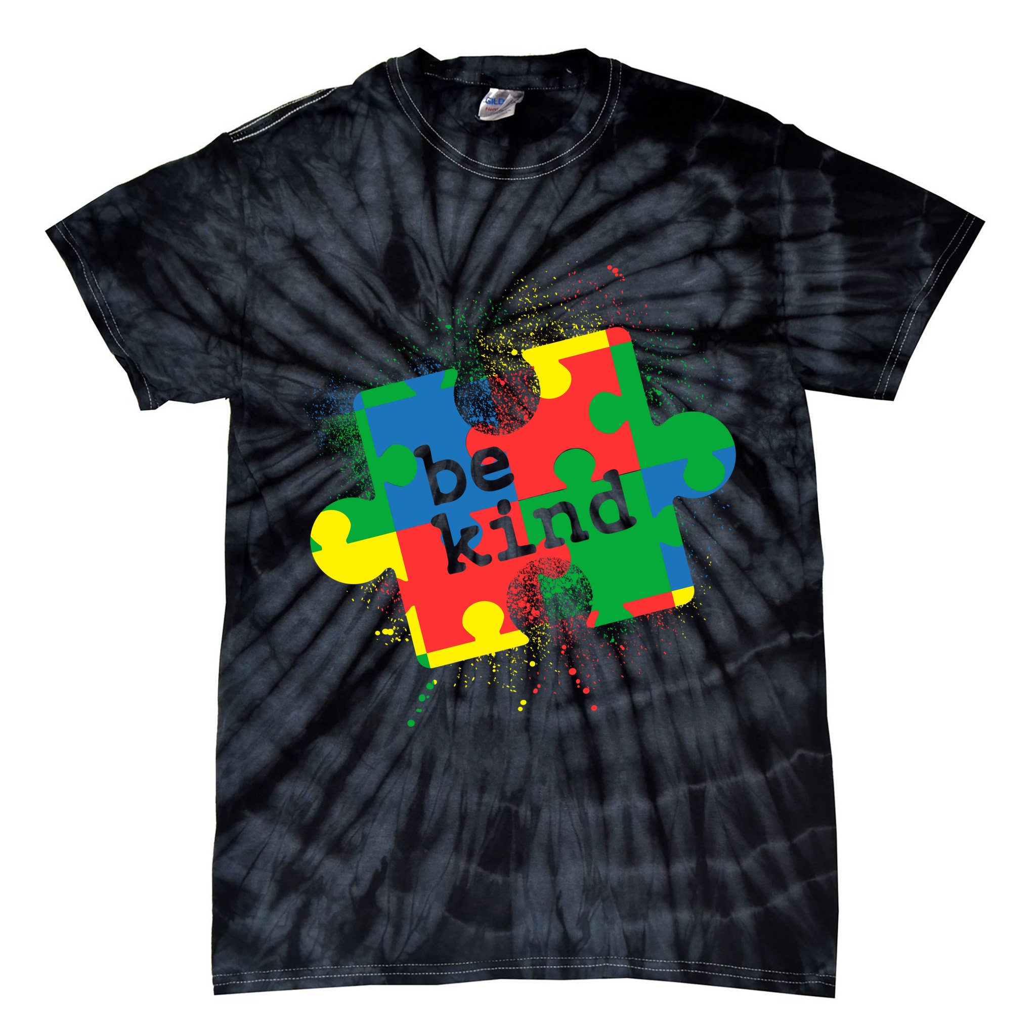 Autism Be Kind Puzzle Piece Splatter Tie-Dye T-Shirt