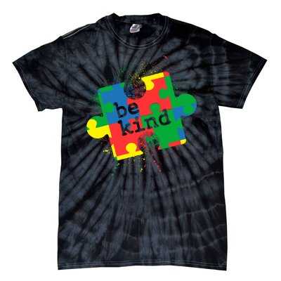 Autism Be Kind Puzzle Piece Splatter Tie-Dye T-Shirt