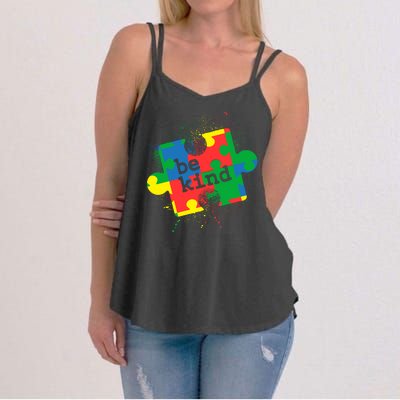 Autism Be Kind Puzzle Piece Splatter Women's Strappy Tank