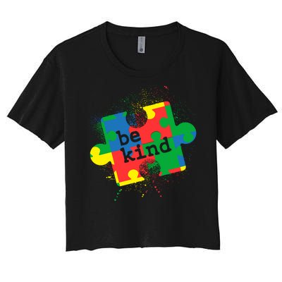 Autism Be Kind Puzzle Piece Splatter Women's Crop Top Tee