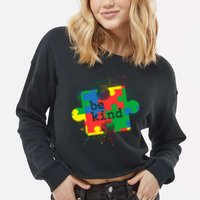 Autism Be Kind Puzzle Piece Splatter Cropped Pullover Crew