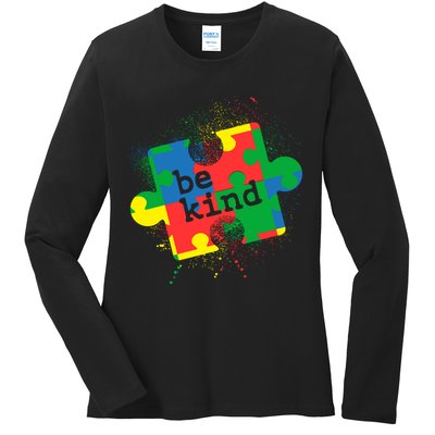 Autism Be Kind Puzzle Piece Splatter Ladies Long Sleeve Shirt