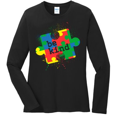 Autism Be Kind Puzzle Piece Splatter Ladies Long Sleeve Shirt