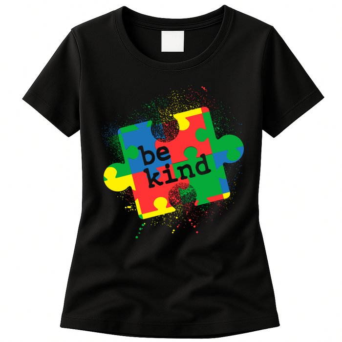 Autism Be Kind Puzzle Piece Splatter Womens T-Shirt
