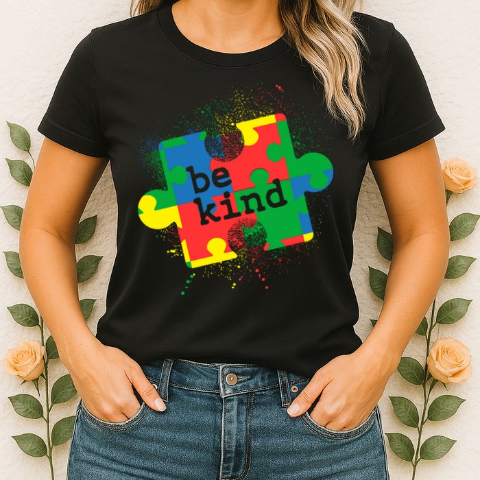 Autism Be Kind Puzzle Piece Splatter Womens T-Shirt