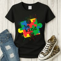 Autism Be Kind Puzzle Piece Splatter Womens T-Shirt