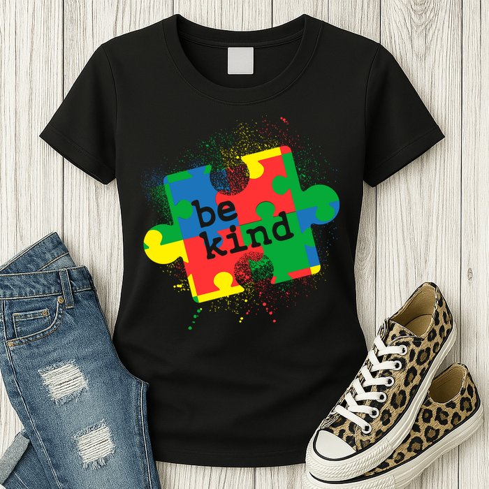 Autism Be Kind Puzzle Piece Splatter Womens T-Shirt