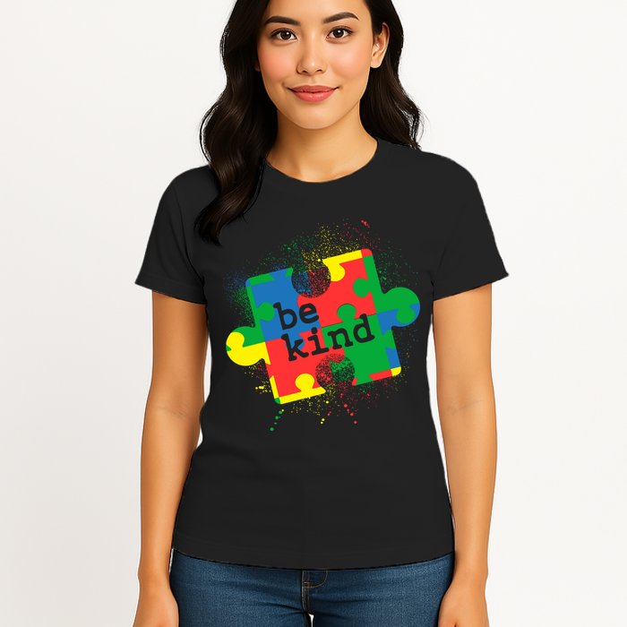 Autism Be Kind Puzzle Piece Splatter Womens T-Shirt
