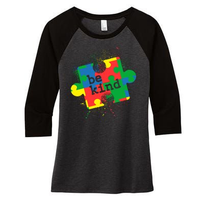 Autism Be Kind Puzzle Piece Splatter Women's Tri-Blend 3/4-Sleeve Raglan Shirt