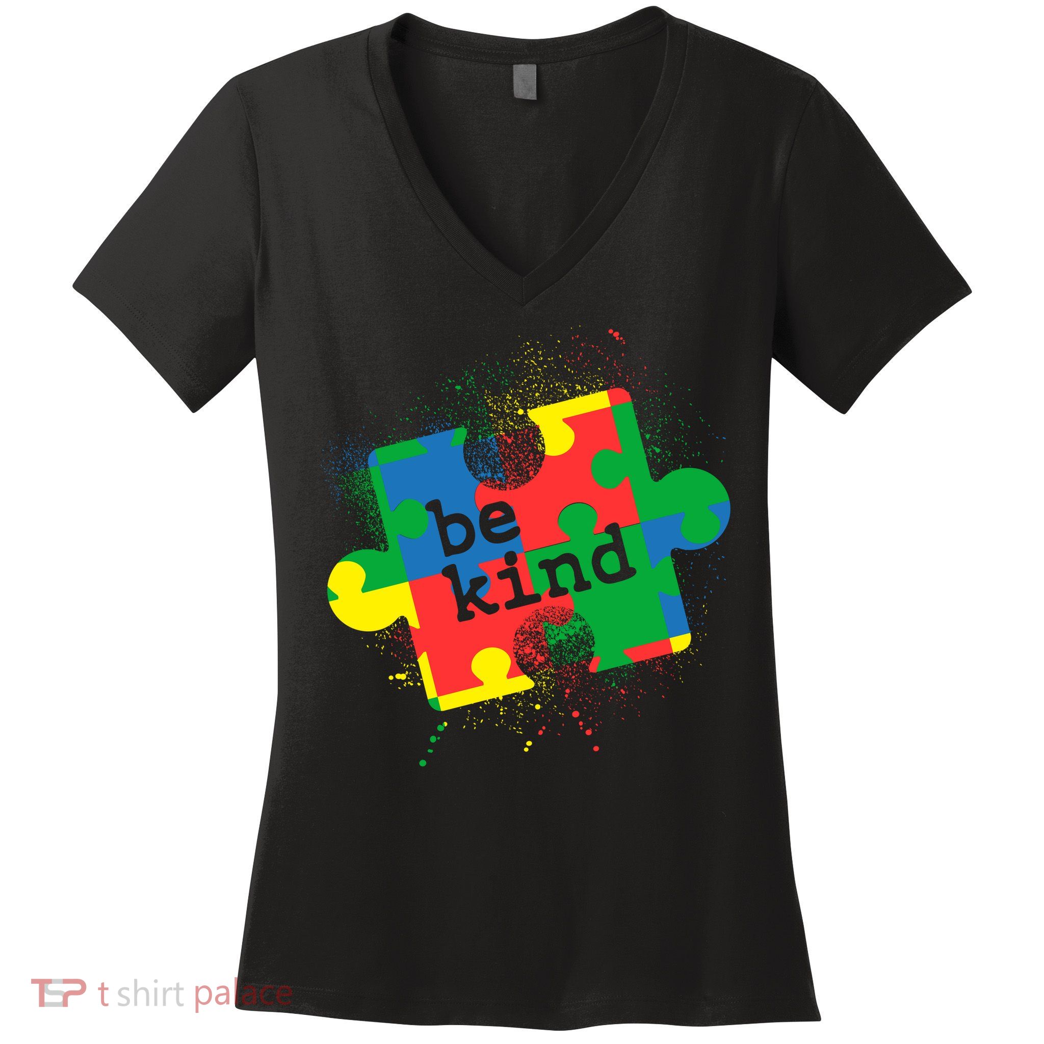 Autism Be Kind Puzzle Piece Splatter Women's V-Neck T-Shirt