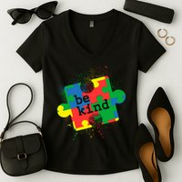 Autism Be Kind Puzzle Piece Splatter Women's V-Neck T-Shirt