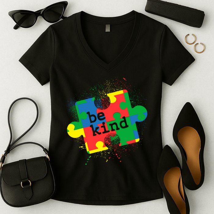 Autism Be Kind Puzzle Piece Splatter Women's V-Neck T-Shirt