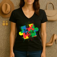 Autism Be Kind Puzzle Piece Splatter Women's V-Neck T-Shirt