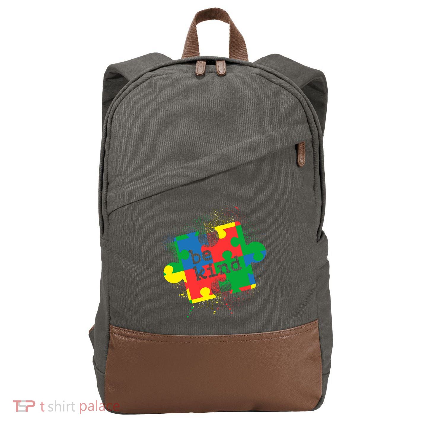 Autism Be Kind Puzzle Piece Splatter Cotton Canvas Backpack