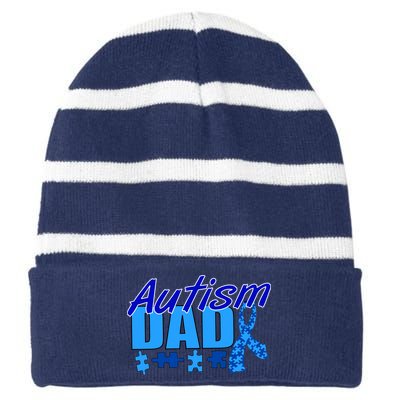 Autism Dad Awareness Ribbon Striped Beanie with Solid Band