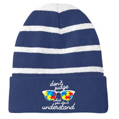 Autism Don't Judge What You Don't Understand Striped Beanie with Solid Band