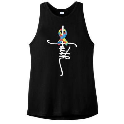 Autism Faith Puzzle Ribbon Ladies PosiCharge Tri-Blend Wicking Tank