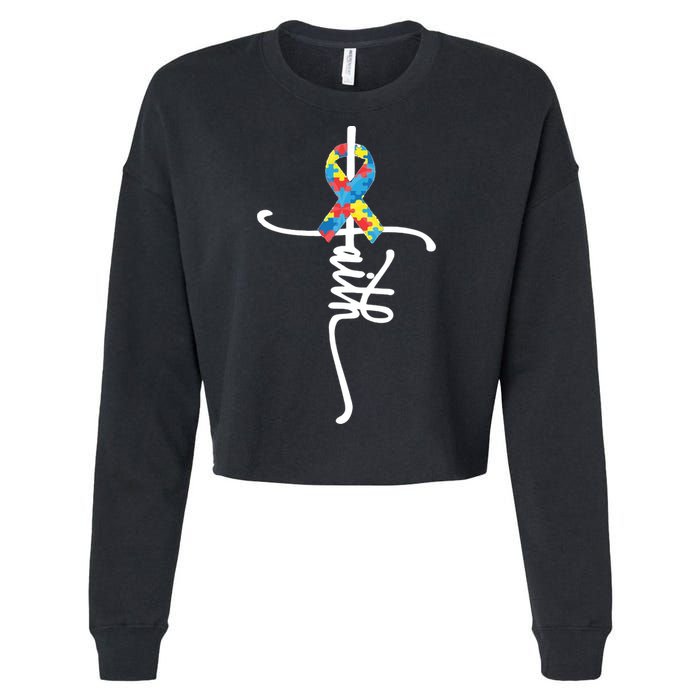 Autism Faith Puzzle Ribbon Cropped Pullover Crew