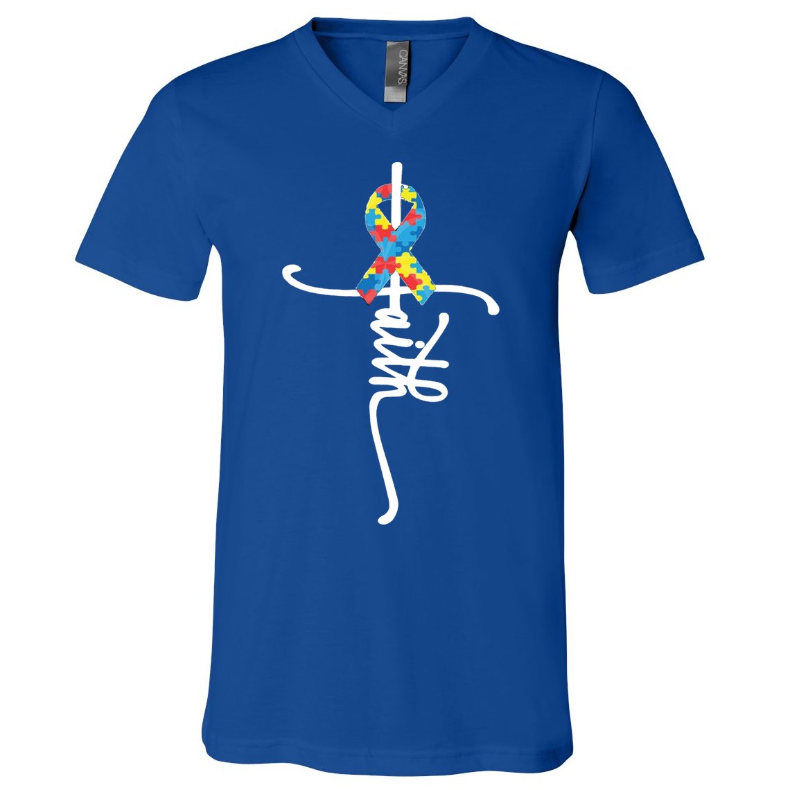 Autism Faith Puzzle Ribbon V-Neck T-Shirt