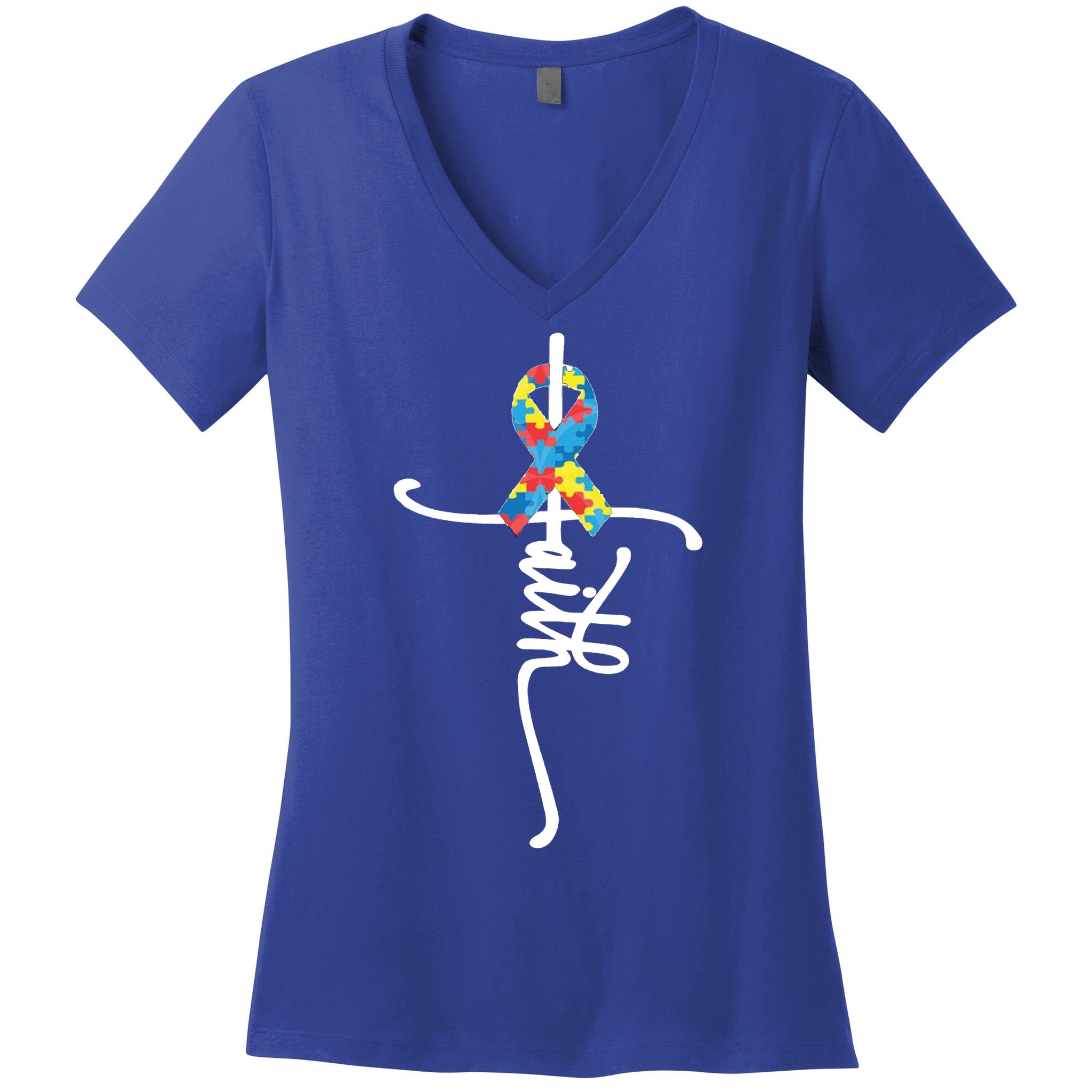 Autism Faith Puzzle Ribbon Women's V-Neck T-Shirt