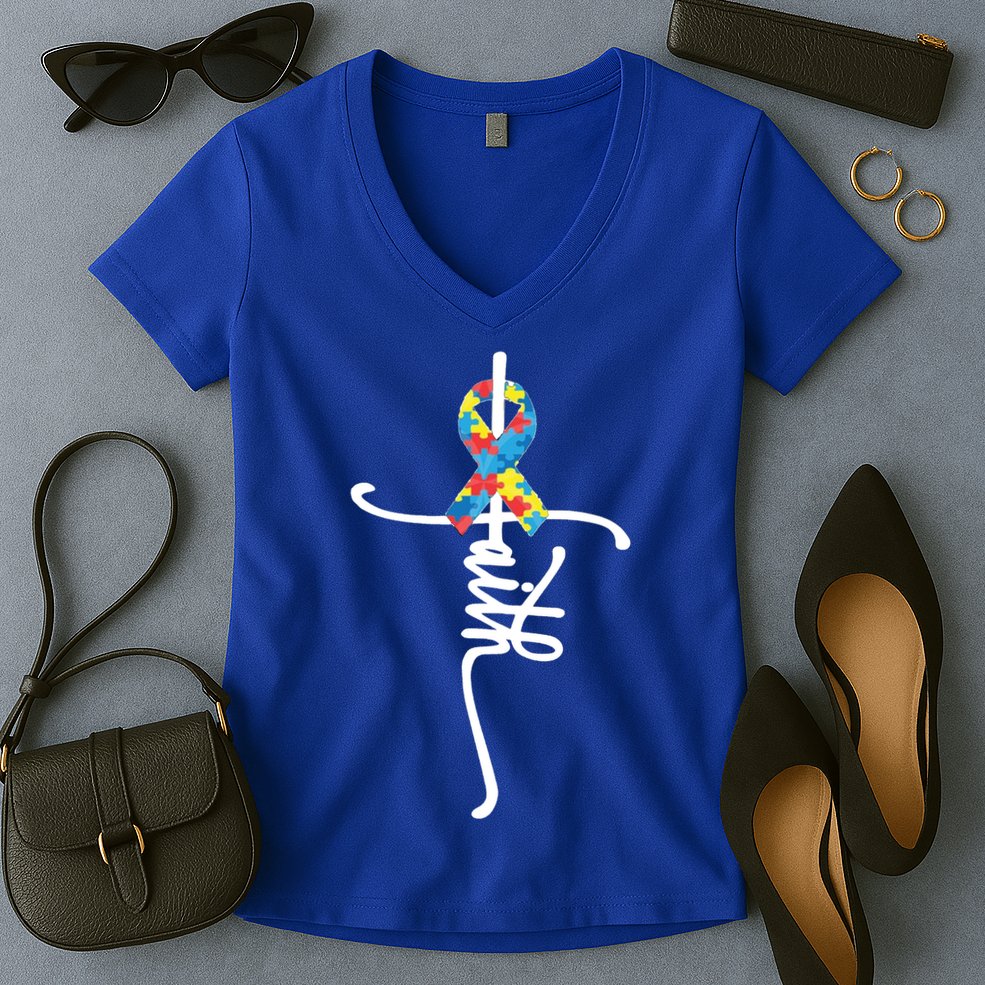 Autism Faith Puzzle Ribbon Women's V-Neck T-Shirt