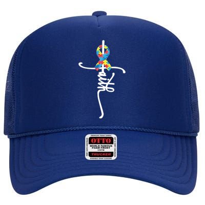 Autism Faith Puzzle Ribbon High Crown Mesh Back Trucker Hat