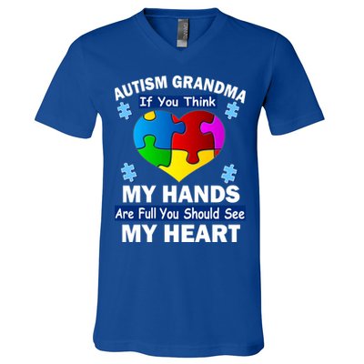 Autism Grandma My Hands Are Full You Should See My Heart V-Neck T-Shirt