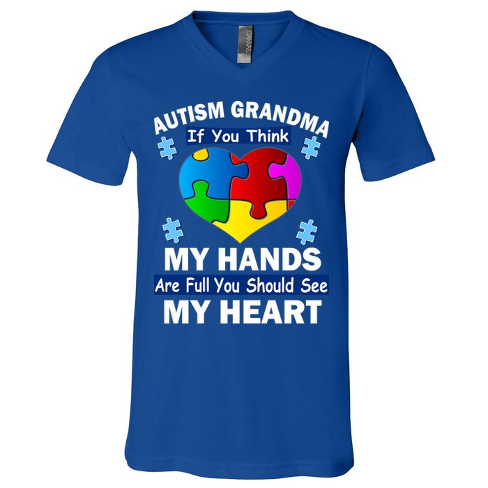 Autism Grandma My Hands Are Full You Should See My Heart V-Neck T-Shirt